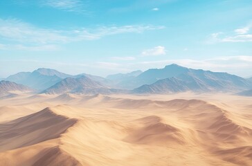 Naklejka premium A vast, arid desert landscape stretches out beneath a clear, sunny sky, bordered by distant mountains.