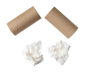 Top view set of two screwed or crumpled white tissue paper balls after use with two tisuue paper cores or tubes isolated on white background with clipping path