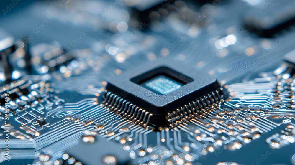 Poster close-up of a computer chip on a circuit board, showcasing detailed connections and modern technolog