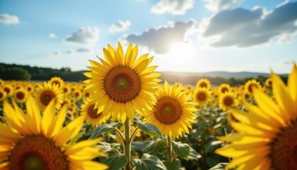 Sunflowers radiate cheerfulness, soaking in the golden sunlight against a stunning blue sky backdrop in the countryside. photo.