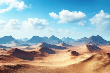 Naklejka premium A vast desert landscape stretches beneath a vibrant blue sky filled with fluffy clouds.