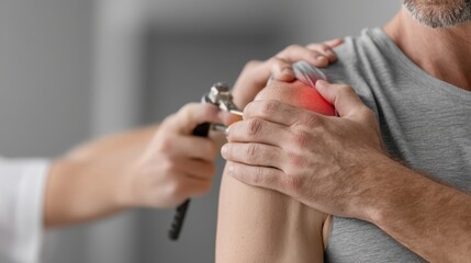 Physiotherapist administering cold laser therapy on patient's shoulder for pain relief, with red glow indicating discomfort