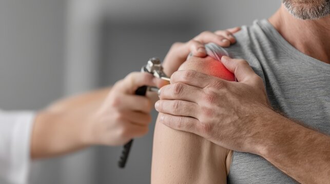 Physiotherapist administering cold laser therapy on patient's shoulder for pain relief, with red glow indicating discomfort