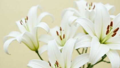 Fototapeta premium Beautiful white lilies on solid color background, closeup. Floral decor. photo.