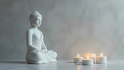 white Buddha statue seated in a meditative with burning candle, vesak day concept