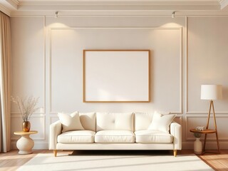 Blank living room wall with mockup art display on a cozy interior setting, wall art, contemporary, apartment