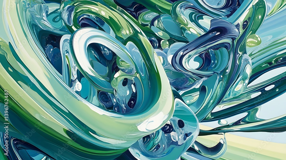 Poster abstract swirls of green and blue colors intertwining, creating a dynamic visual flow