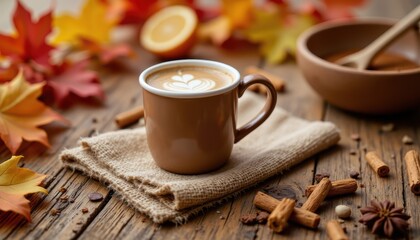 A brown disposable cup sits on a burlap cloth, surrounded by colorful autumn leaves and an assortment of spices on a wooden table