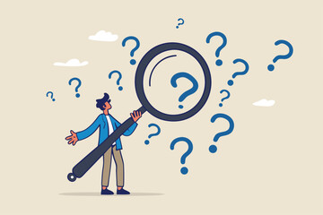 Problem analysis or problem management, analyze or investigate for root cause or incident, finding solution or discover threat or uncertain, businessman with magnifying glass analyze question marks.