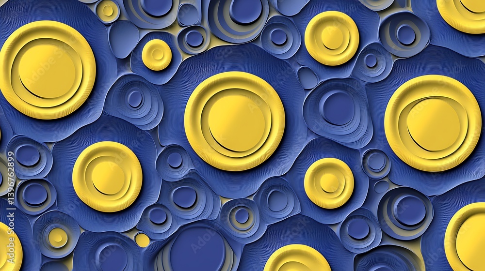 Poster abstract design featuring layered circular shapes in blue and yellow, creating a vibrant visual text