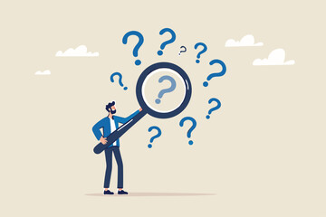 Problem analysis or problem management, analyze or investigate for root cause or incident, finding solution or discover threat or uncertain, businessman with magnifying glass analyze question marks.