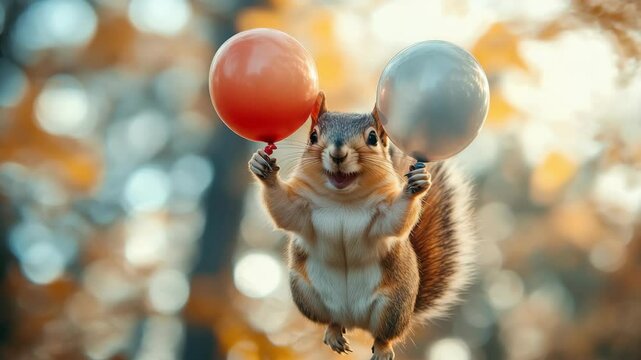 Squirrel celebrates with colorful balloons in a vibrant autumn forest during bright daytime