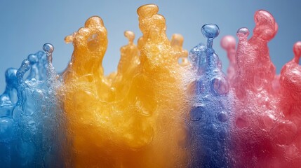 Colorful fizzy liquid splashing upward against a blue background