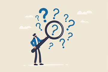 Problem analysis or problem management, analyze or investigate for root cause or incident, finding solution or discover threat or uncertain, businessman with magnifying glass analyze question marks.