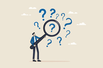 Problem analysis or problem management, analyze or investigate for root cause or incident, finding solution or discover threat or uncertain, businessman with magnifying glass analyze question marks.