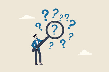 Problem analysis or problem management, analyze or investigate for root cause or incident, finding solution or discover threat or uncertain, businessman with magnifying glass analyze question marks.