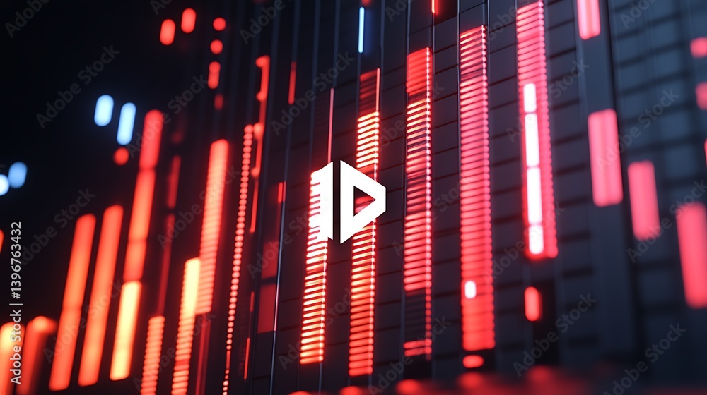 Poster abstract digital background featuring vibrant red and blue light patterns with a central play button