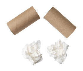 Top view set of two screwed or crumpled white tissue paper balls after use with two tissue paper cores or tubes isolated  with clipping path in png file format