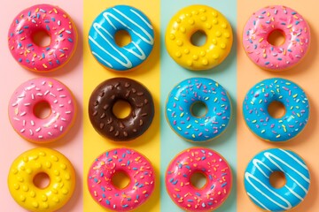 Colorful glazed donuts with sprinkles arranged in grid on multicolor background, sweet dessert concept for food design and bakery