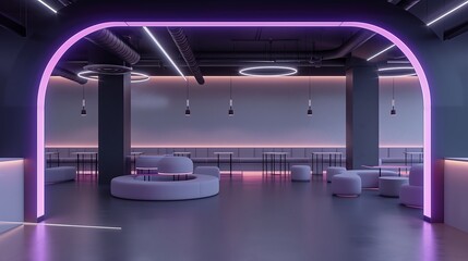 A lounge with neon signage accents, industrial piping details, and holographic displays floating above a low-slung seating area