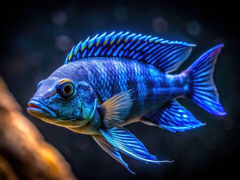 Stunning Low Light Aquarium Photography: Blue Zebra Mbuna Fish - Pseudotropheus zebra