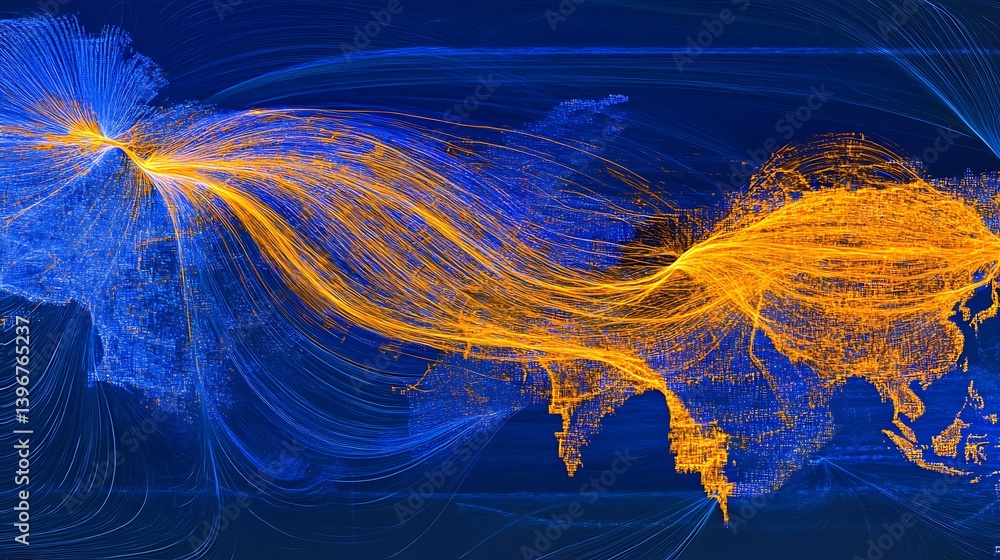 Aufkleber dynamic visualization of global air traffic patterns illustrating flight routes across continents