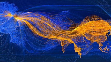Dynamic visualization of global air traffic patterns illustrating flight routes across continents