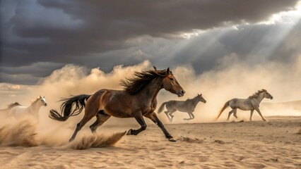 Wild horses running through desert dust