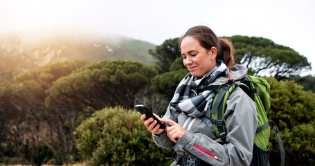 Hiking, phone and scroll with woman in nature for social media post, travel and adventure....