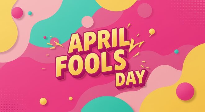 Festive April Fools' Day design featuring vibrant colors, playful typography, and dynamic shapes, symbolizing fun, laughter, surprises, pranks, and lighthearted deception