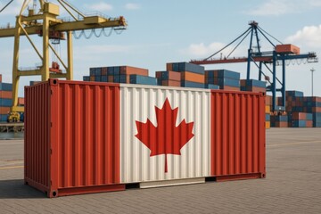 Shipping container painted with Canadian flag at port, representing import-export, logistics, and international trade operations.
