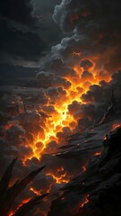 A fiery explosion is depicted in the sky, with clouds of ash and smoke rising up into the air. The scene is set in a desolate, barren landscape, with no signs of life or civilization in sight