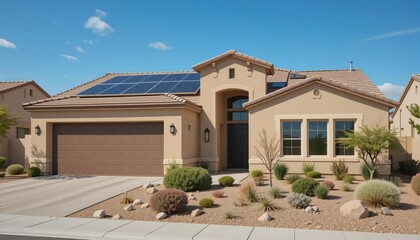 House Exterior View with Solar Panels Under Clear Sky