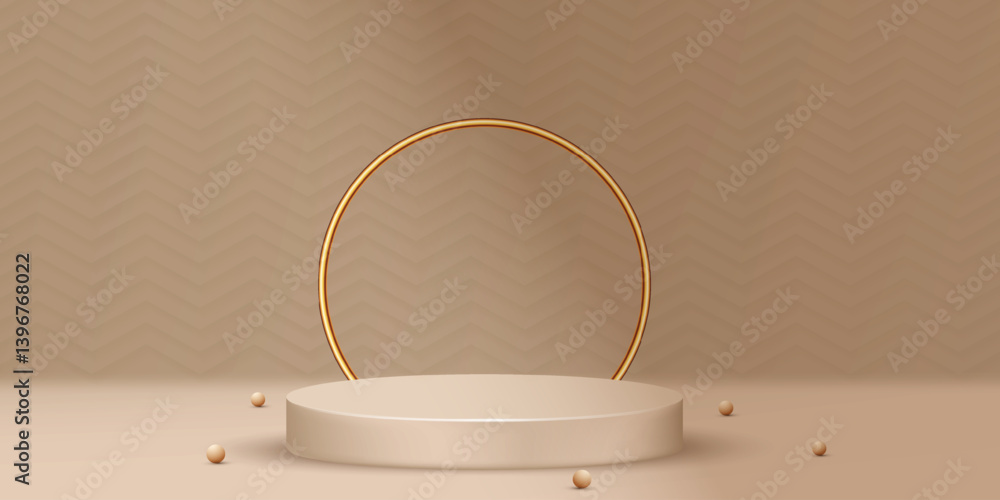 Poster 3d brown color podium set design with wall texture vector. realistic studio background design collec