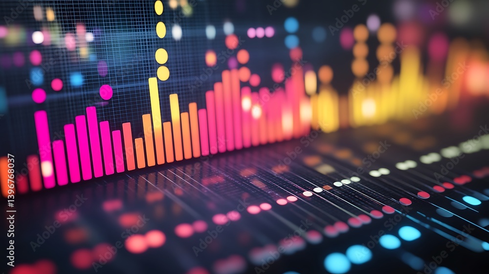 Poster colorful sound wave visualization with vibrant bars and dots representing audio frequencies in a dig