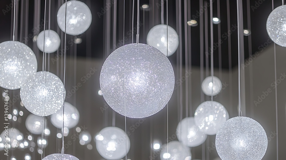 Poster sparkling crystal orbs suspended from the ceiling, creating a dazzling light display in a modern spa