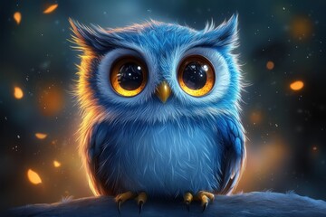 Fototapeta premium Colorful owl perched under a starry night sky with glowing eyes and soft feathers