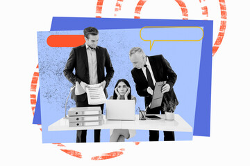 3d sketch poster trend collage image of three business partners old man young girl guy bubble...