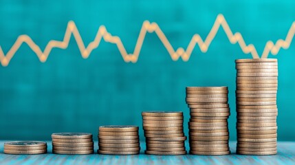 A visually appealing stack of coins arranged by height, illustrating financial growth over time. Behind, a dynamic line graph showcases upward trends, symbolizing prosperity.