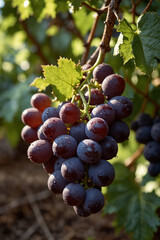 Naklejka premium A close-up of ripe grape clusters hanging from a vine in the sun. Their deep purple and green hues shine beautifully against the lush leaves