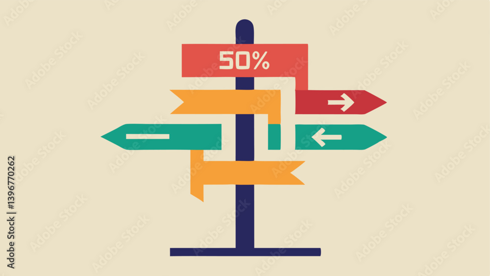 Poster sale signpost a large signpost at a maze fork with arrows pointing towards various sales like 50% of