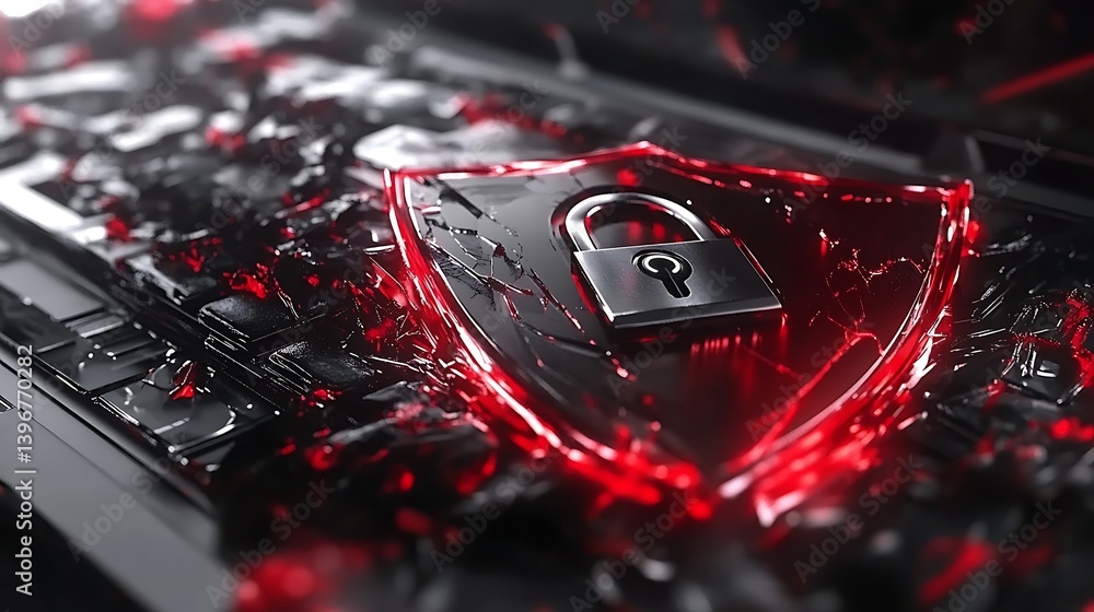 Poster a striking digital shield with a lock symbolizing cybersecurity, set against a dynamic red and black