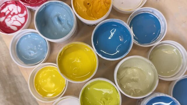 view from above of colorful jars with glazes and engobes