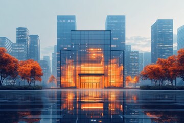 Urban architectural marvel reflects in water with vibrant autumn foliage against a city skyline at dusk