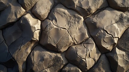 Textured close-up of natural stone wall with cracks, showcasing earthy tones and rugged surfaces