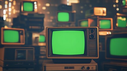 Vintage televisions stacked in a dimly lit urban environment, showcasing a nostalgic vibe with green screens
