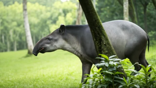 A tapir walks through a lush green forest. The scene captures its natural movement and peaceful habitat