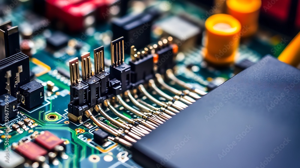 Poster close-up view of a circuit board showcasing intricate connections and components, highlighting techn