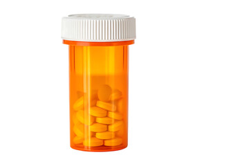 Pills in orange prescription bottle on transparent background