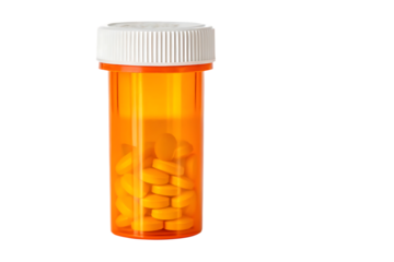 Pills in orange prescription bottle on transparent background